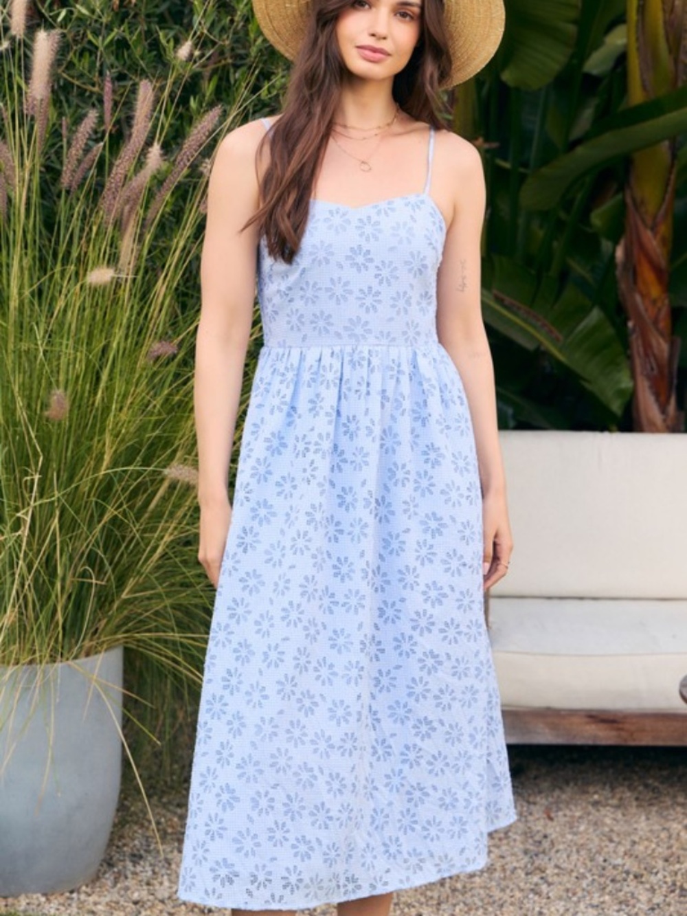 Sweetheart Floral Laser Cut Gingham Midi Dress